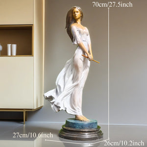 Luo Li Rong bronze elegant woman statue beside staircase interior scale reference