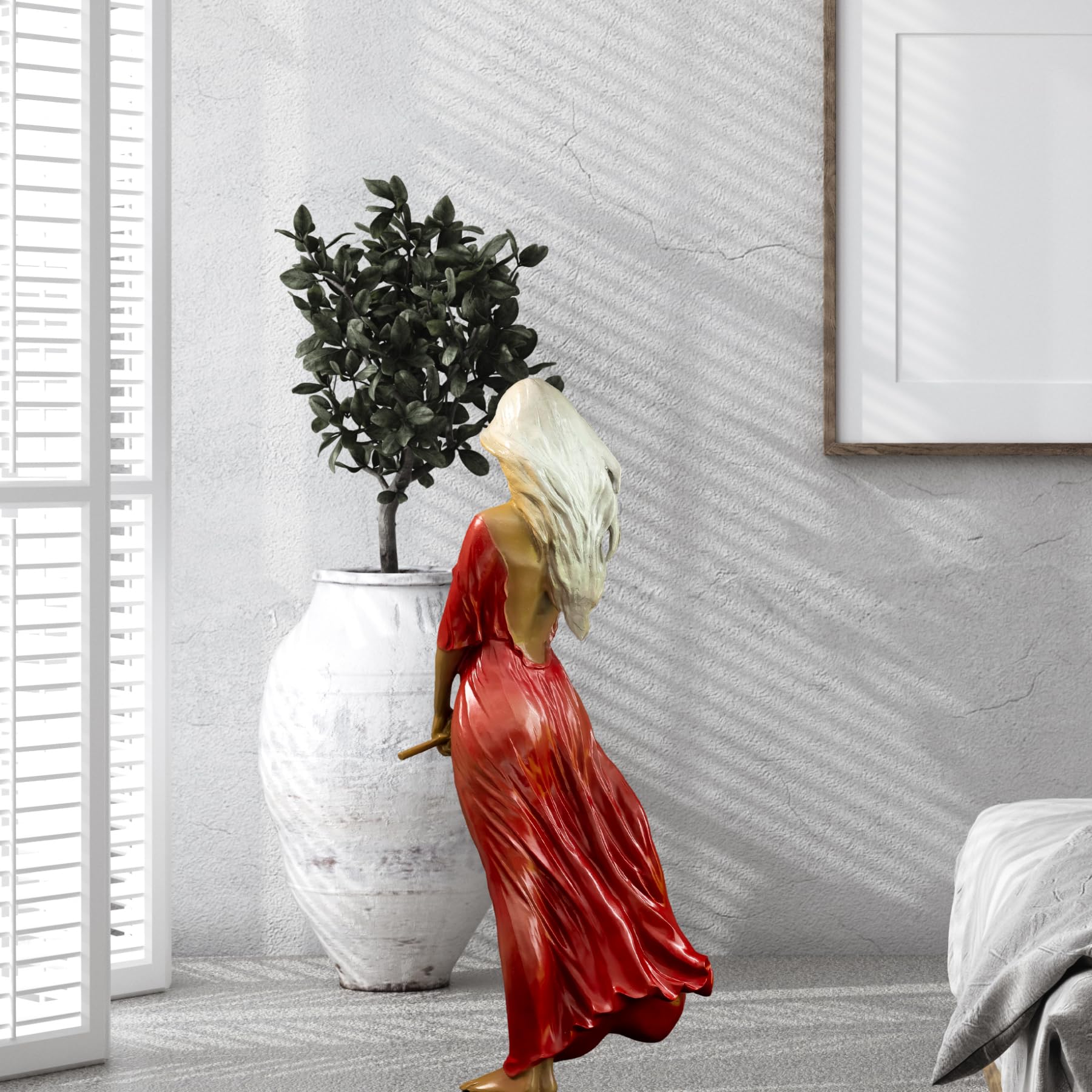 Luo Li Rong silk dancer bronze statue red dress beside marble wall with decorative vase
