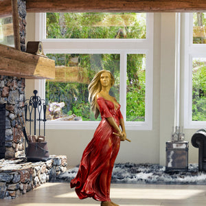 Luo Li Rong silk dancer bronze statue red dress rustic interior large window natural light