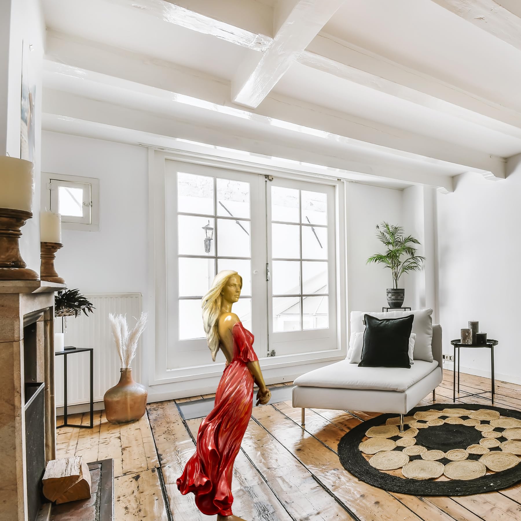 Luo Li Rong silk dancer bronze statue red dress rustic interior large window natural light