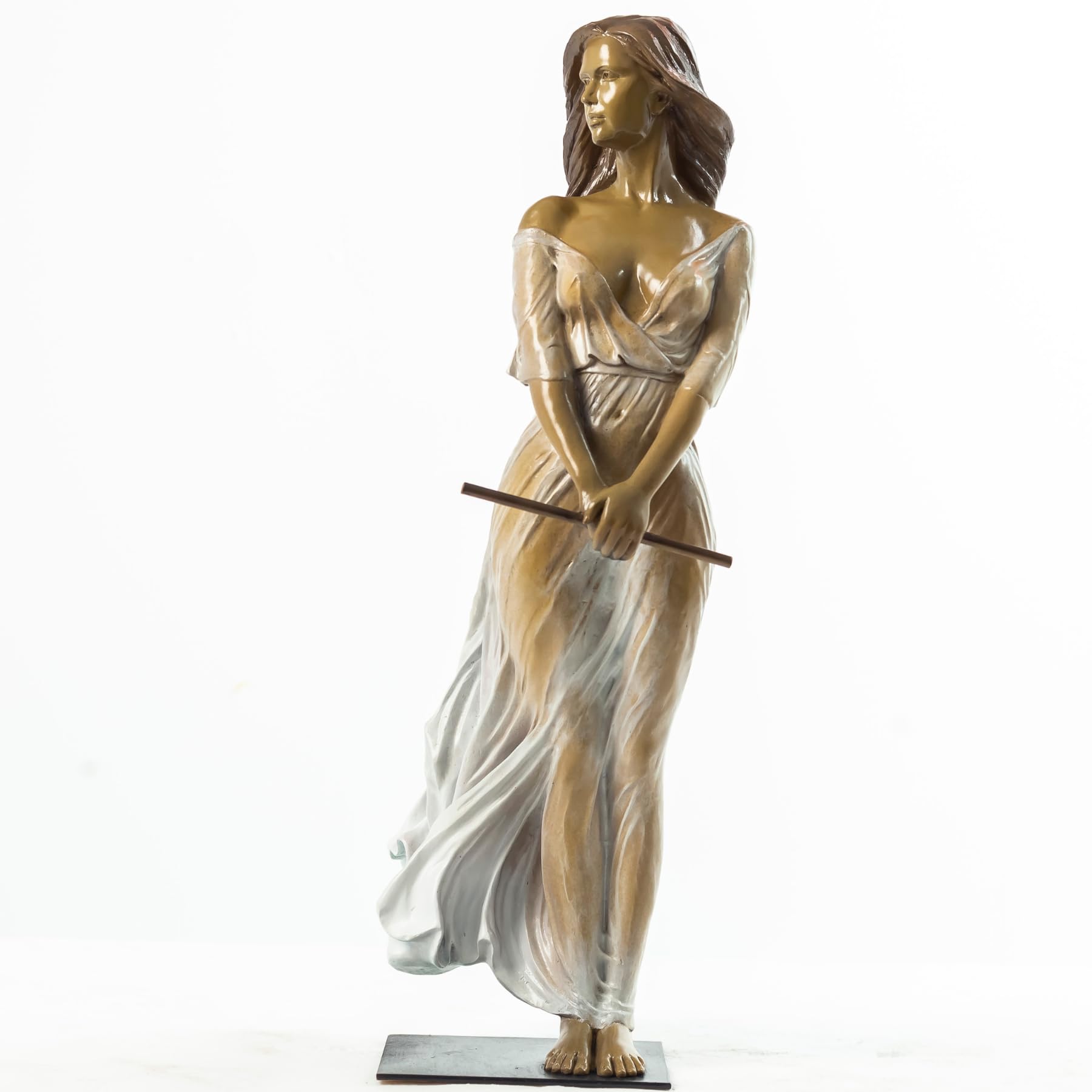Luo Li Rong silk dancer bronze woman statue white flowing silk dress full view