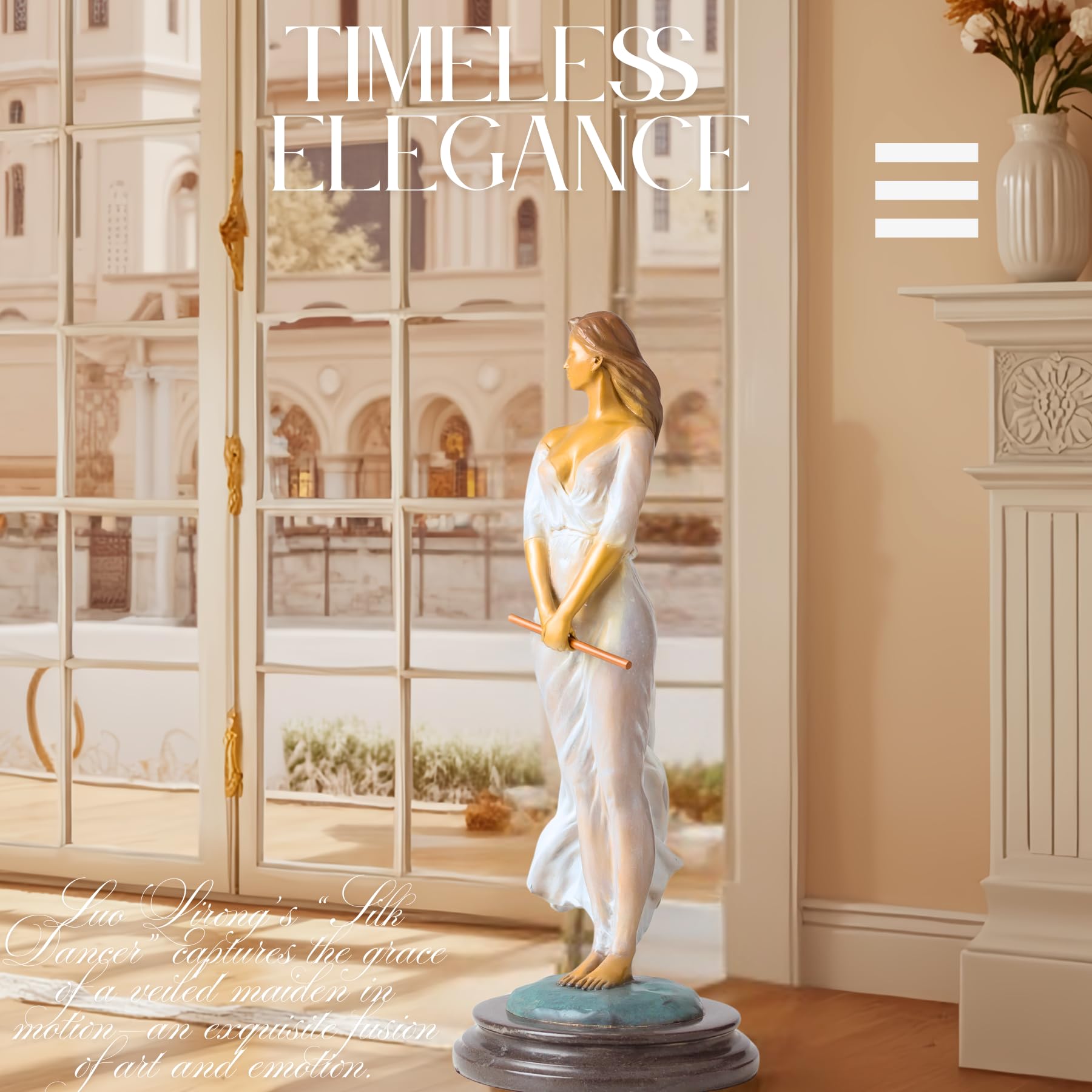 Luo Li Rong silk dancer bronze statue white dress marble base displayed beside wooden cabinet interior