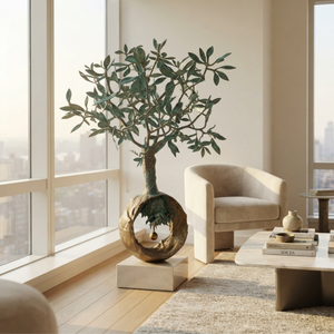 1-meter tall handcrafted bronze olive tree sculpture placed by a large window in a modern luxury apartment living room.