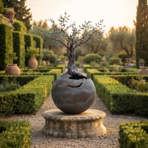 3-meter-tall large bronze olive tree earth globe sculpture displayed in a classic luxury European garden with trimmed green hedges at sunset.