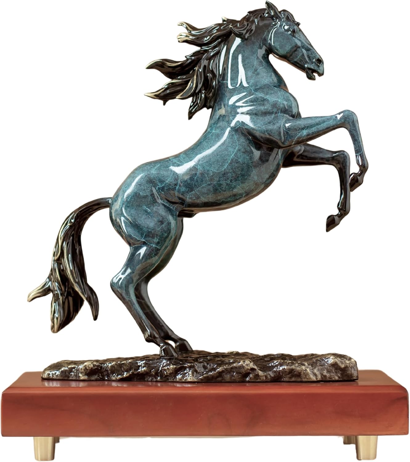 11.6-inch luxury rearing horse bronze sculpture in azure blue finish on wood base, side front view