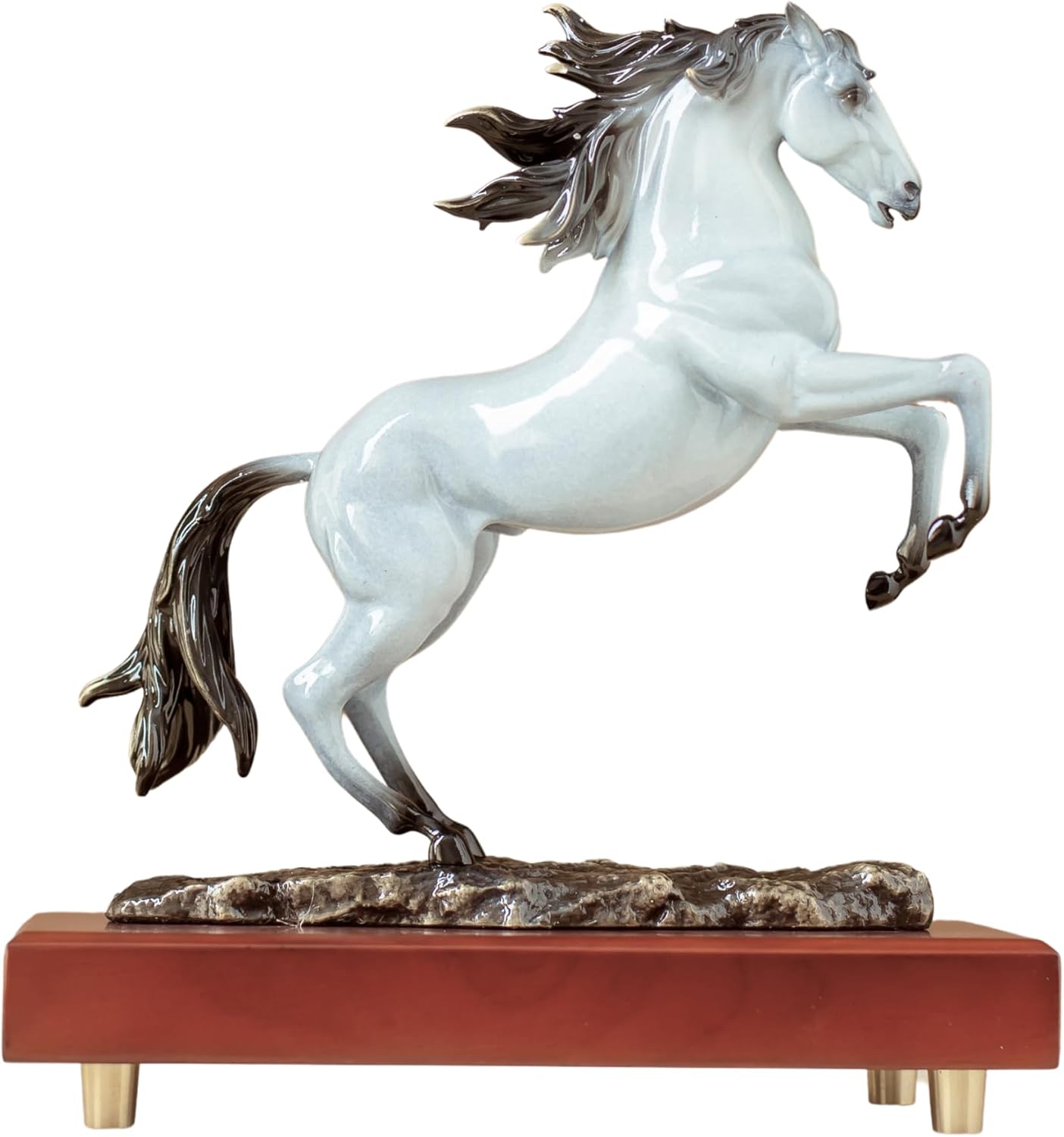 Luxury rearing horse bronze sculpture in pearl white finish, front view on wood base