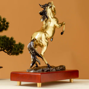 Second angle view of radiant gold rearing horse bronze sculpture on premium wood base