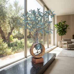 Handcrafted bronze olive tree sculpture accenting a sunlit luxury villa reading corner next to an armchair.