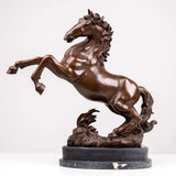 19.3-inch majestic bronze rearing stallion sculpture in antique brown on marble base, side front view