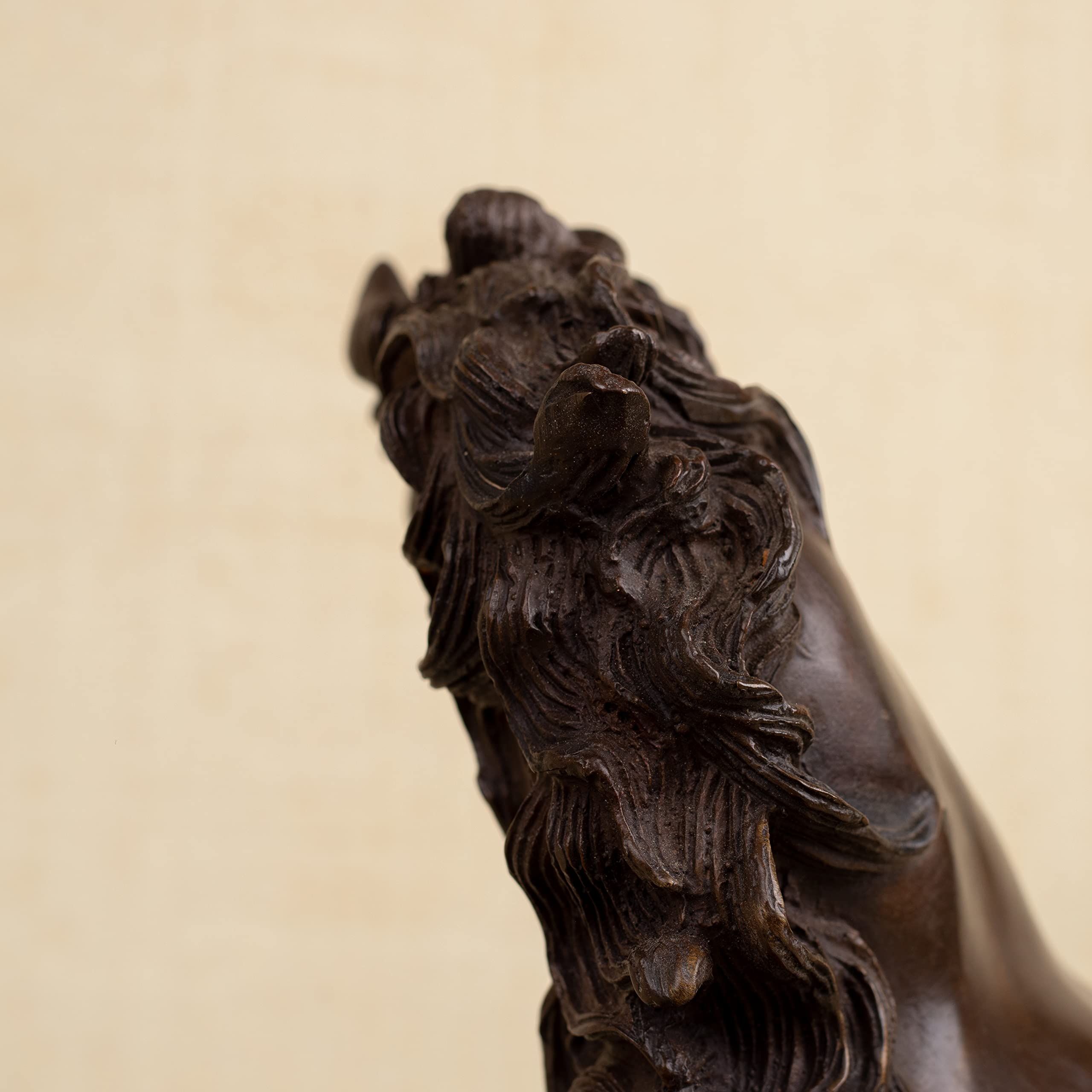 Close-up detail of bronze rearing stallion sculpture mane and back showing textured surface
