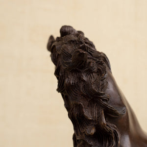 Close-up detail of bronze rearing stallion sculpture mane and back showing textured surface