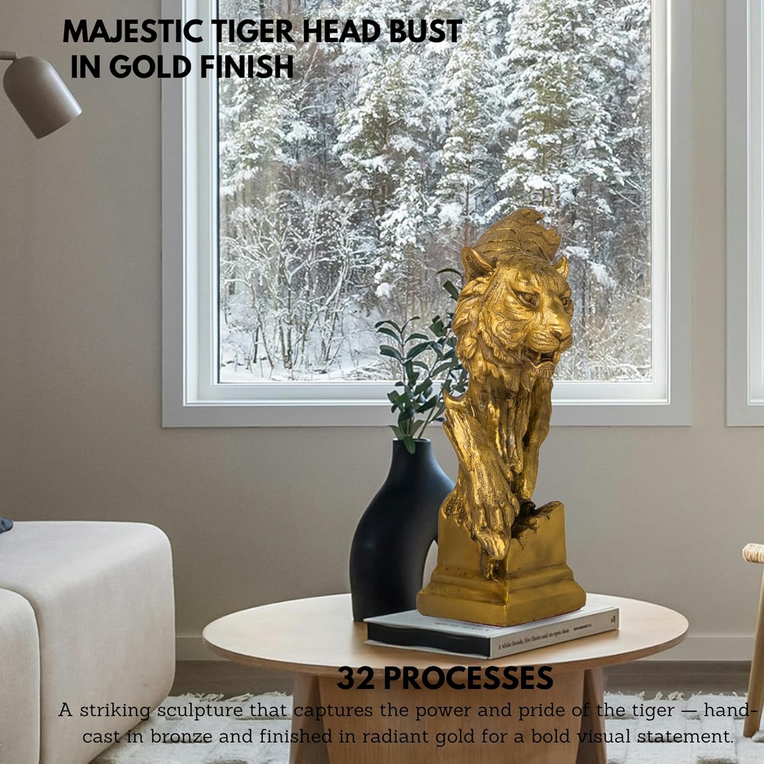 Majestic tiger head bust in golden finish handcrafted via 32-step lost-wax casting