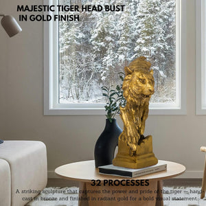 Majestic tiger head bust in golden finish handcrafted via 32-step lost-wax casting