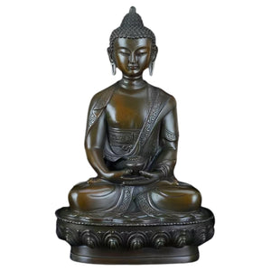 Medicine Buddha bronze statue front view on white background, handcrafted purple copper lost-wax sculpture