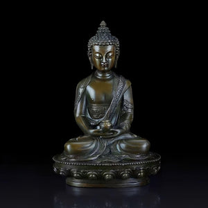 Medicine Buddha bronze statue side view on dark background showing detailed robe and lotus base