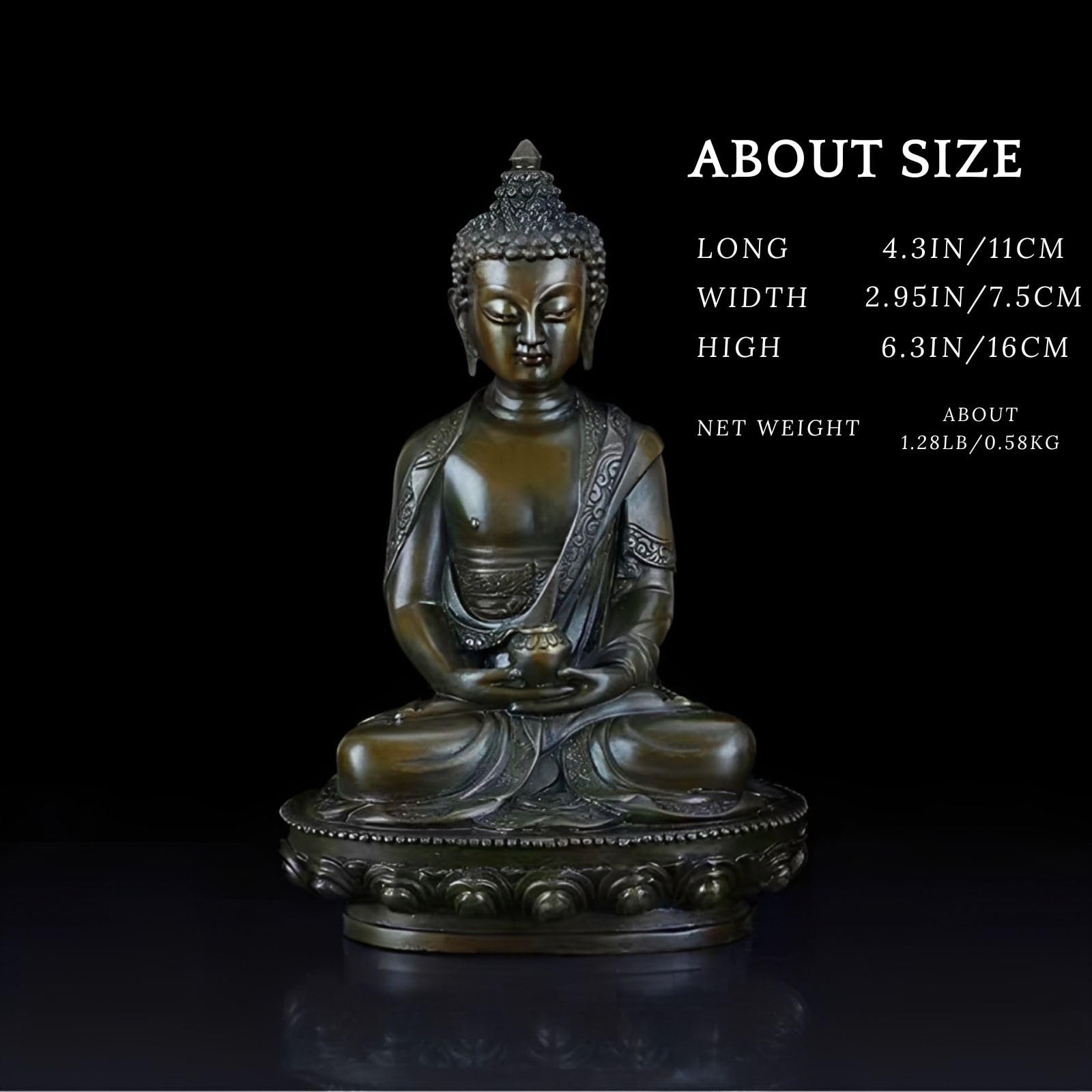 Medicine Buddha copper statue size chart light background showing height and base measurements