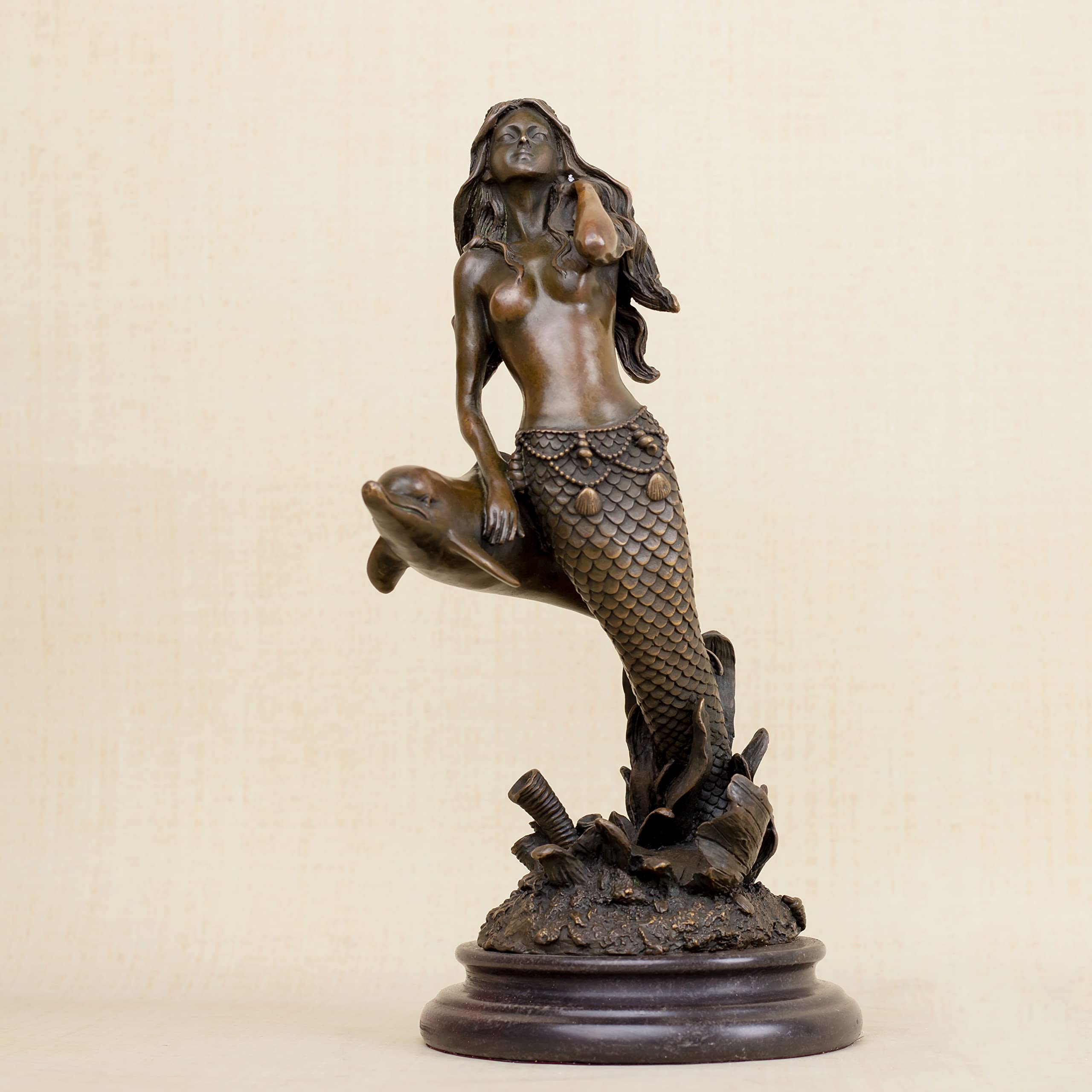 Mermaid and dolphin bronze sculpture dark brown patina side full view natural marble base