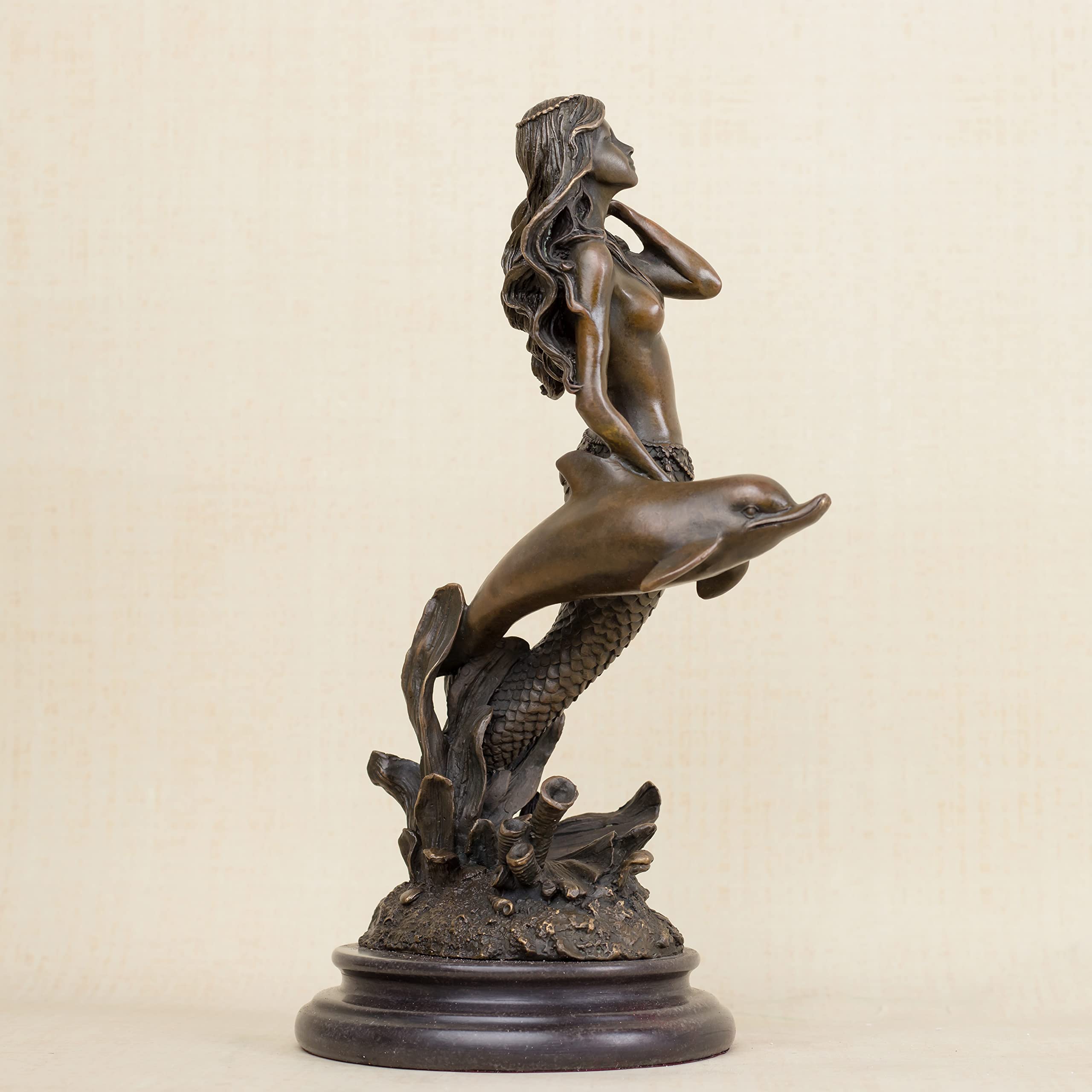 Mermaid and dolphin bronze sculpture three quarter right angle view