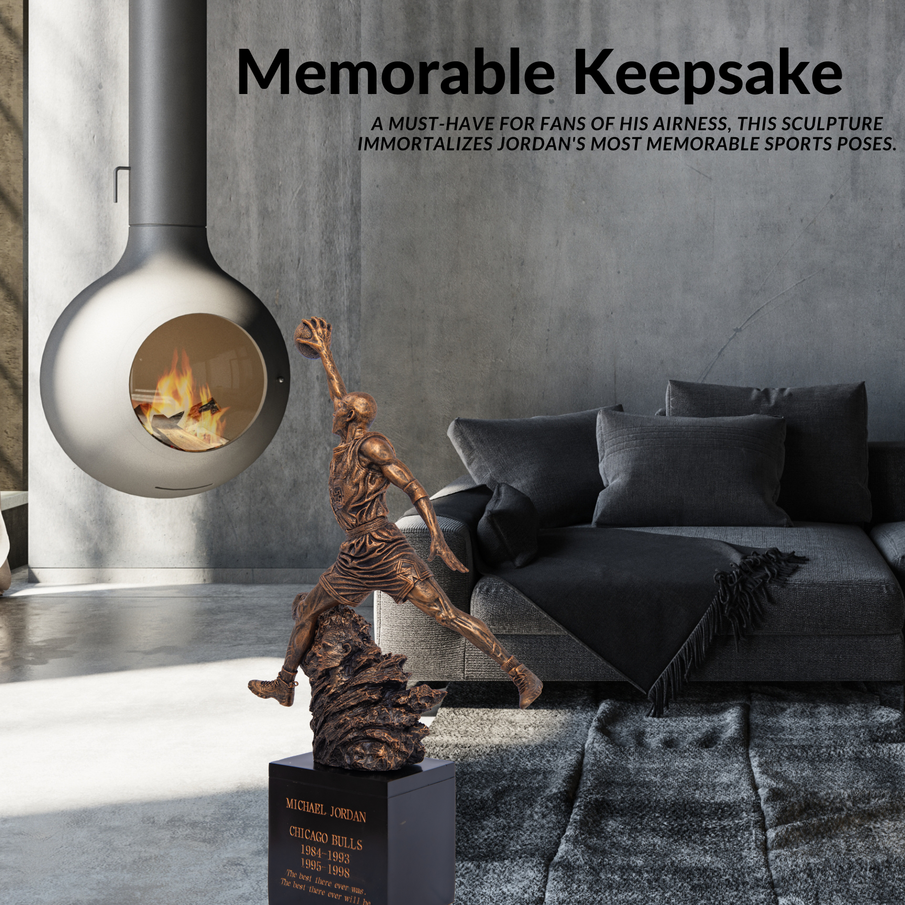Glossy bronze Michael Jordan dunk statue crafted in premium resin with polished bronze finish