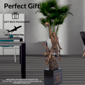 Polished glossy Michael Jordan flying dunk statue displayed in home interior with plants