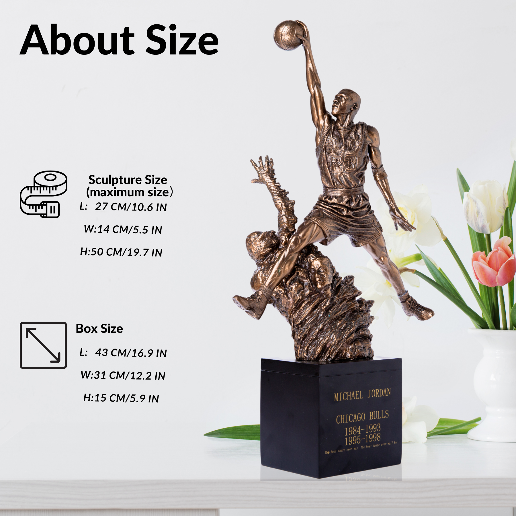 Michael Jordan #23 sporting icon dunk statue displayed as legendary athlete collectible