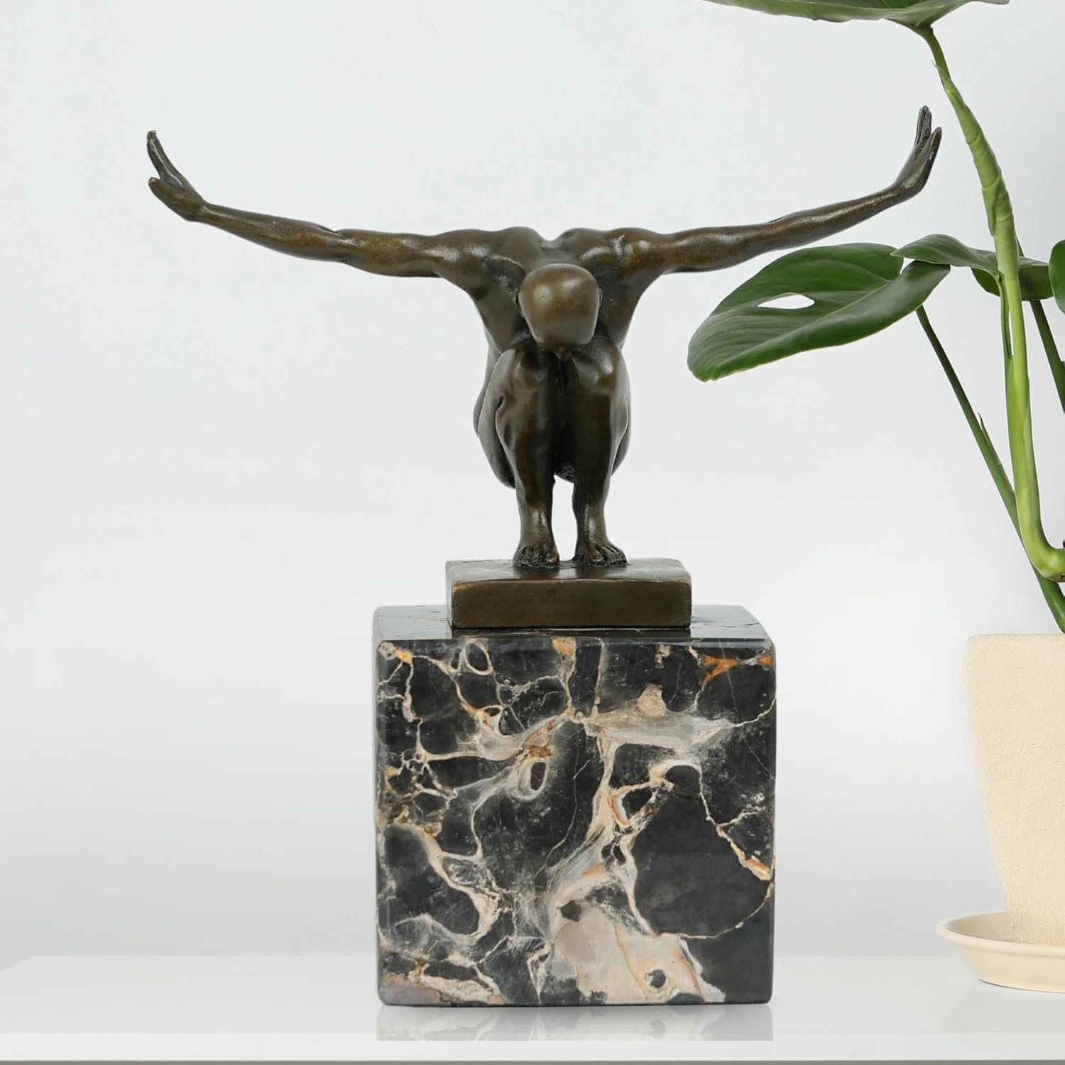 Signed Milo bronze diver statue 15cm, athletic male figure front view on natural marble base