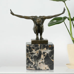 Signed Milo bronze diver statue 15cm, athletic male figure front view on natural marble base