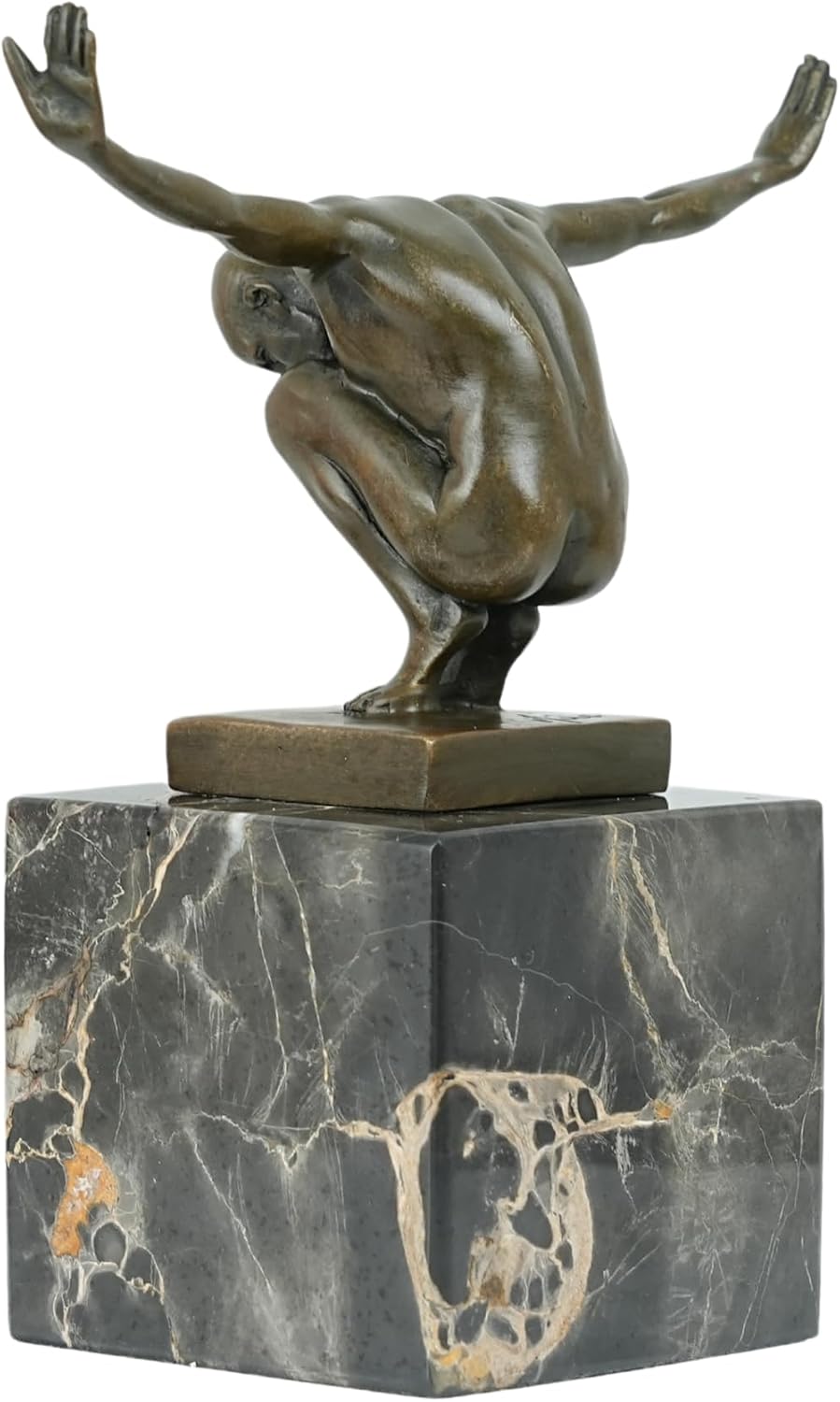 Detail view of Milo bronze diver statue showing crouching dive position and muscle detail