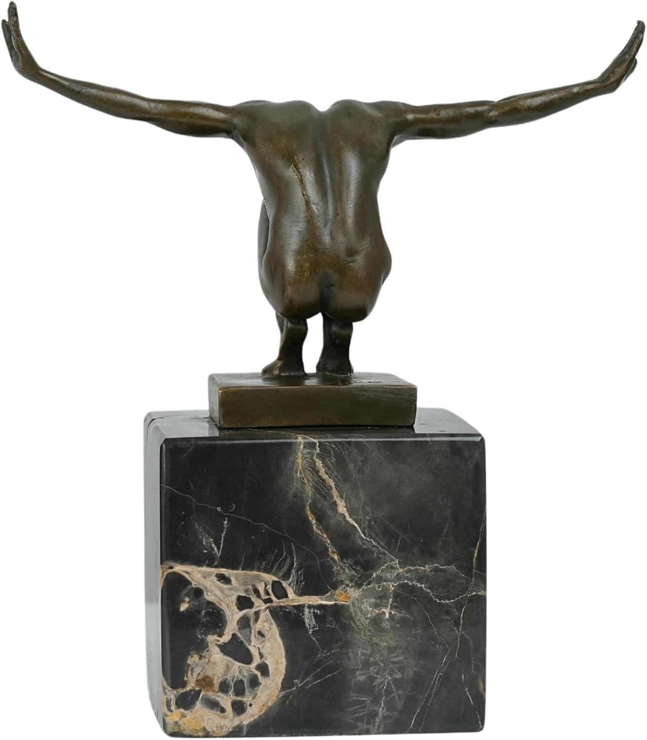 Rear angle view of Milo signed bronze athletic diver figurine on natural marble base