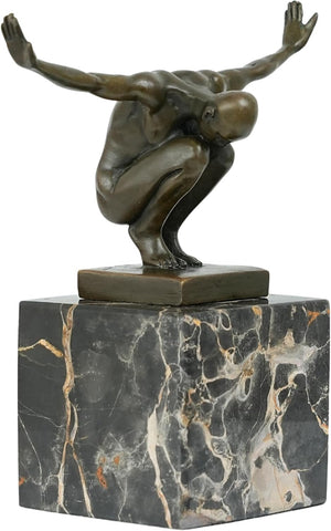 Right angle view of solid hot-cast bronze diver statue signed Milo on marble base