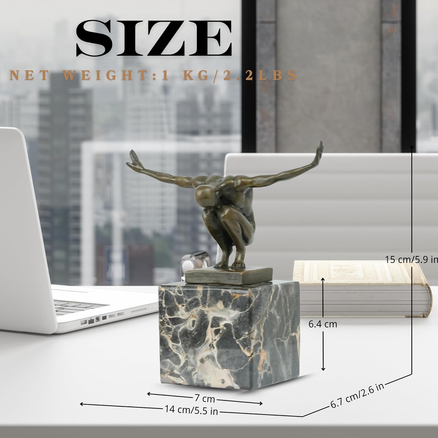 Bronze diver statue size chart showing 15cm height and 1kg weight on marble base