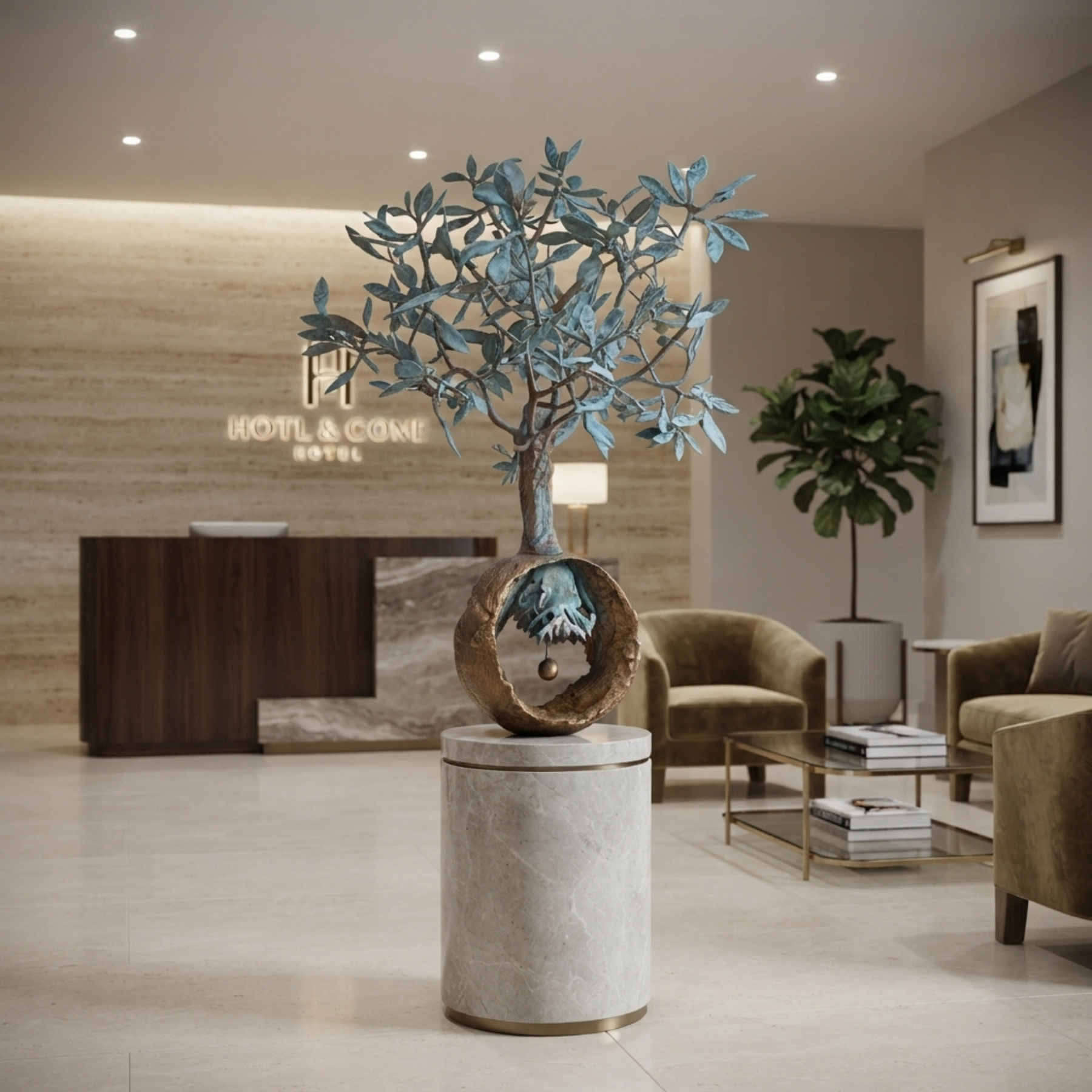 Large 1-meter bronze olive tree art sculpture showcased on a marble pedestal inside an upscale hotel or corporate lobby.
