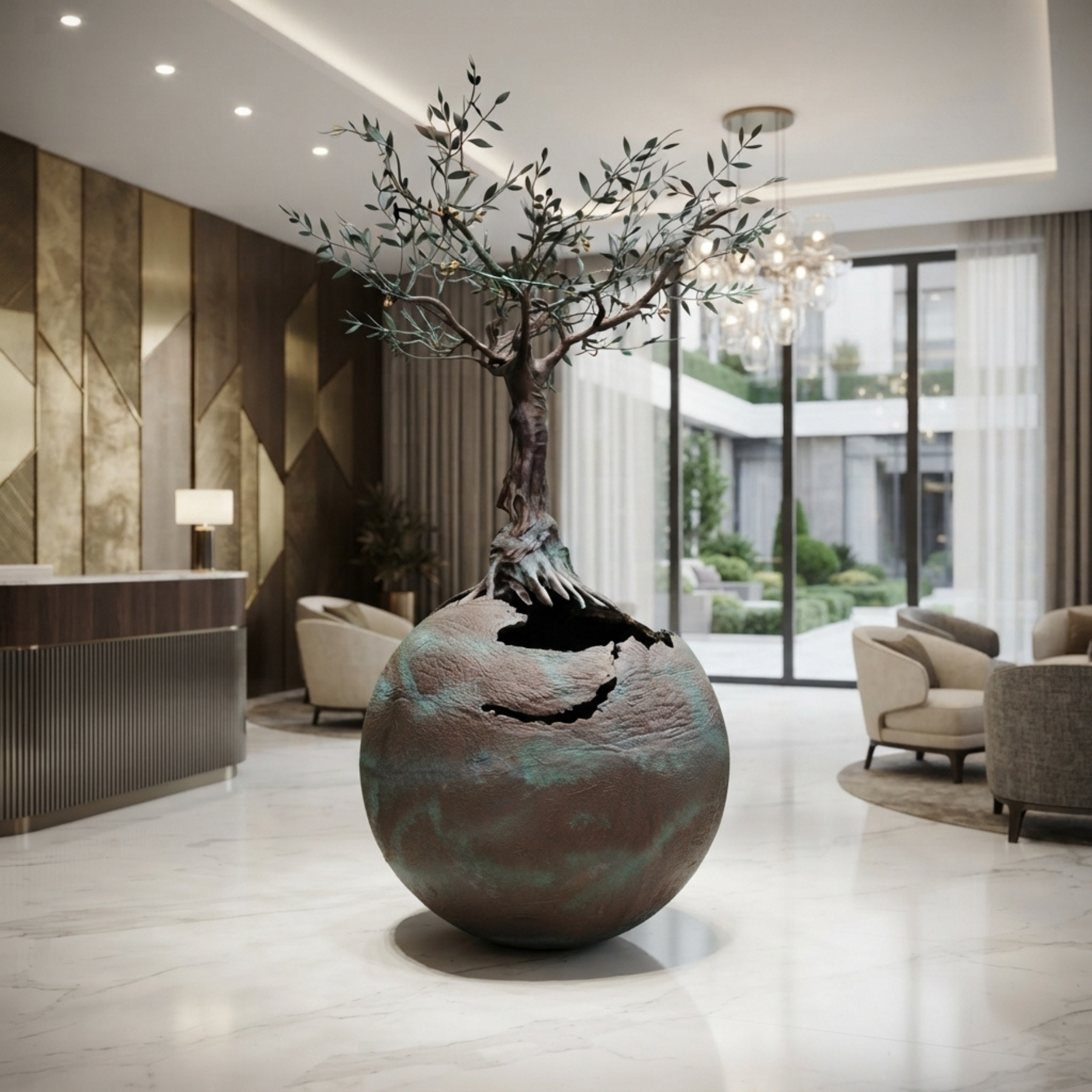3-meter-tall bronze life tree art sculpture placed in the center of a modern luxury hotel lobby with polished marble floors.
