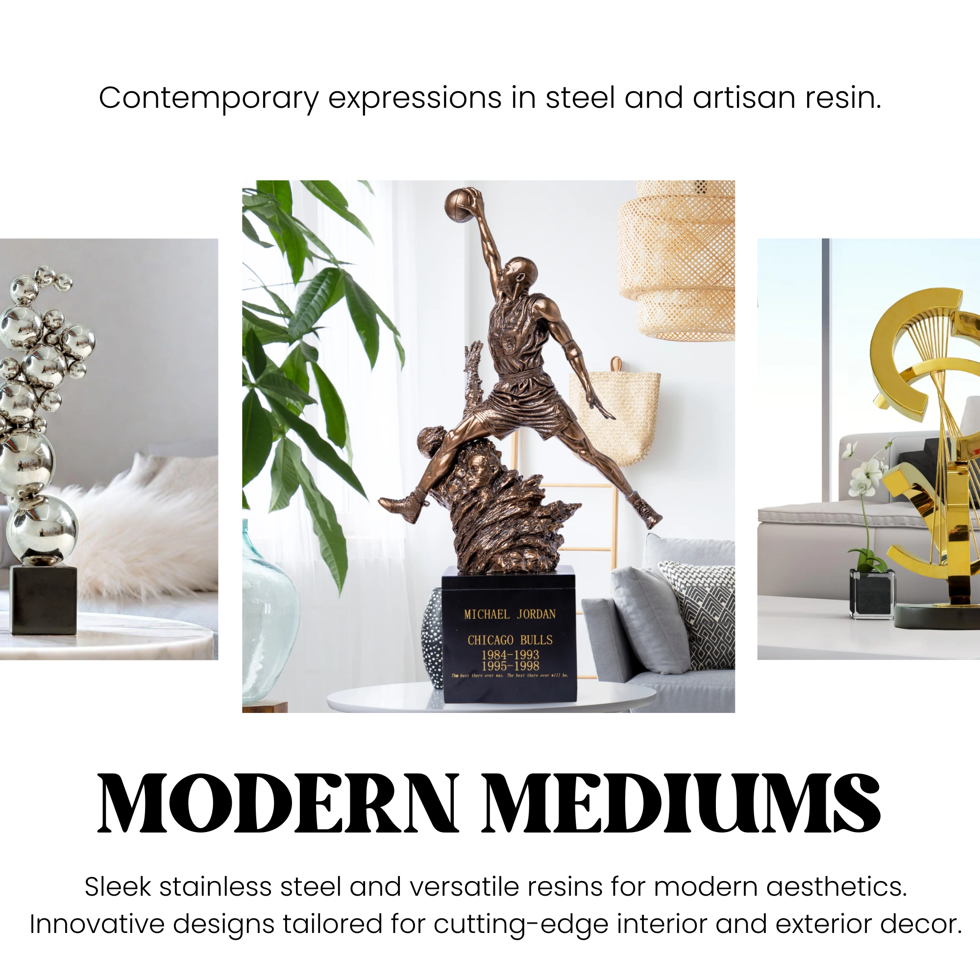 Modern art collection in stainless steel and resin, featuring a Michael Jordan tribute and contemporary silver sphere sculptures.