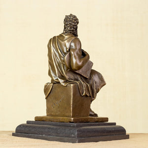 Moses bronze statue back view displaying full sculptural detail and marble-style base