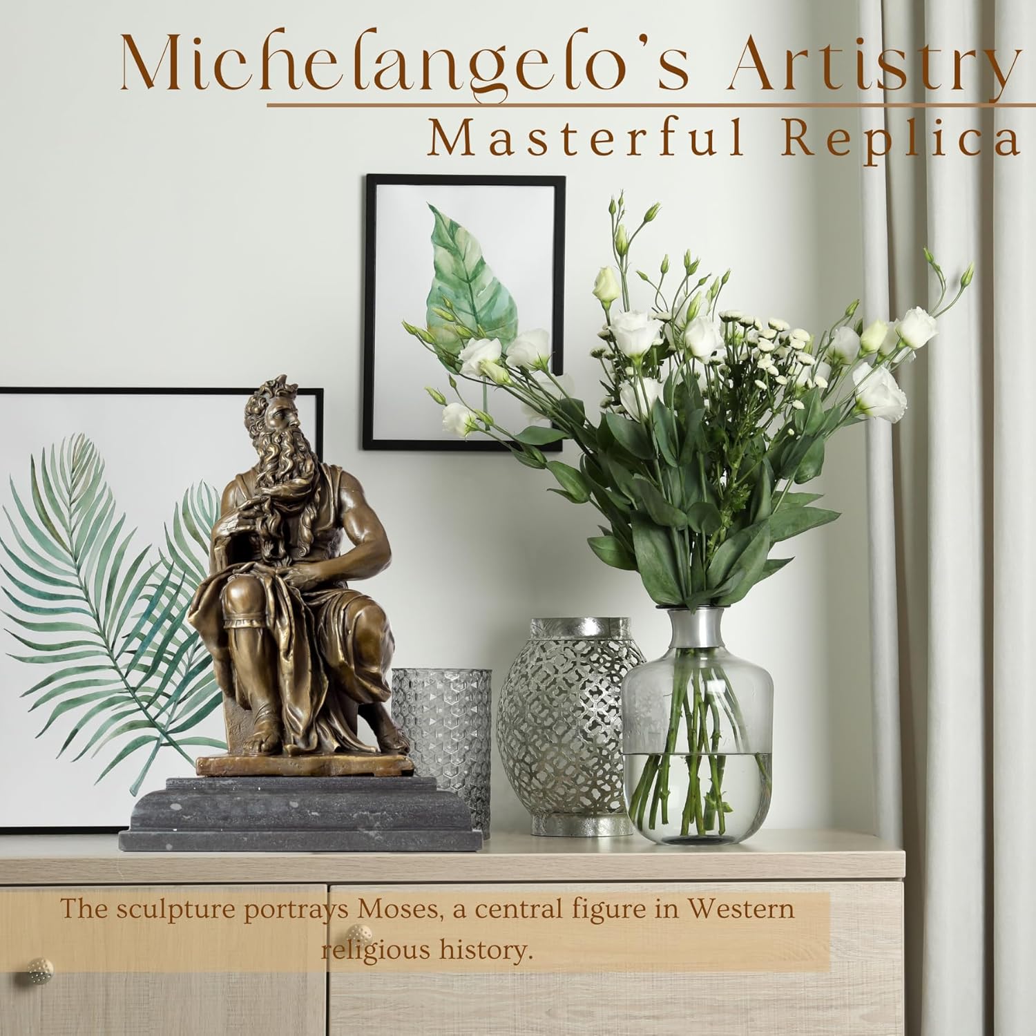 Moses bronze statue product feature highlight card showing key details and description