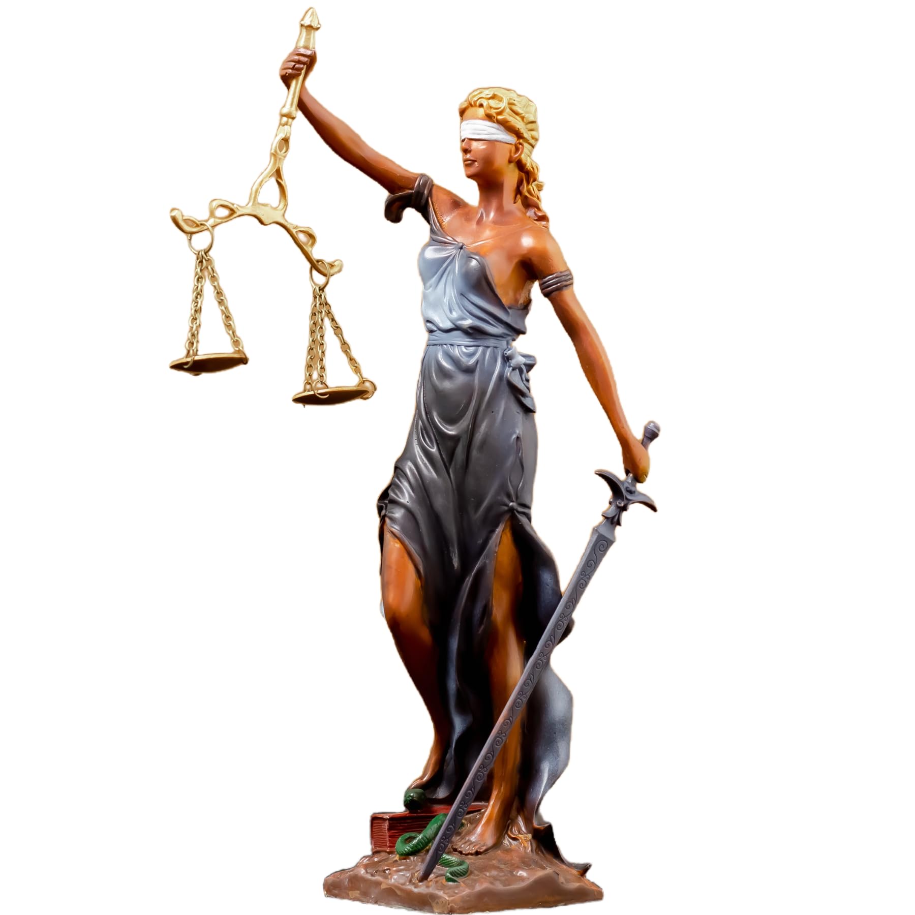 11-inch multicolor Lady Justice Themis statue front full body view on white background with gold detail