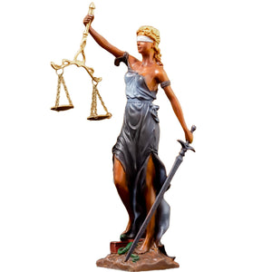 11-inch multicolor Lady Justice Themis statue front full body view on white background with gold detail