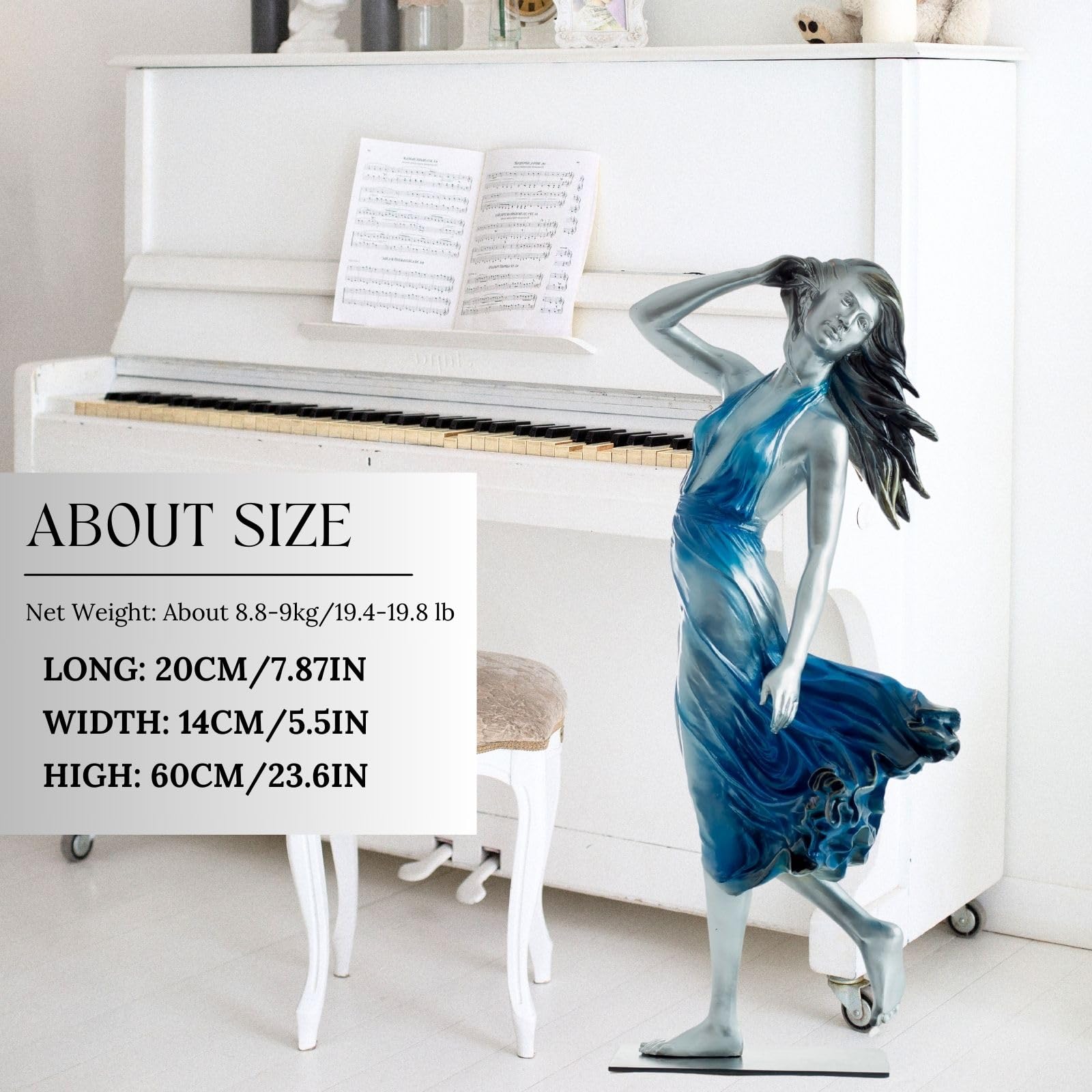 Neoclassical bronze wind dancer woman statue size chart dimensions reference