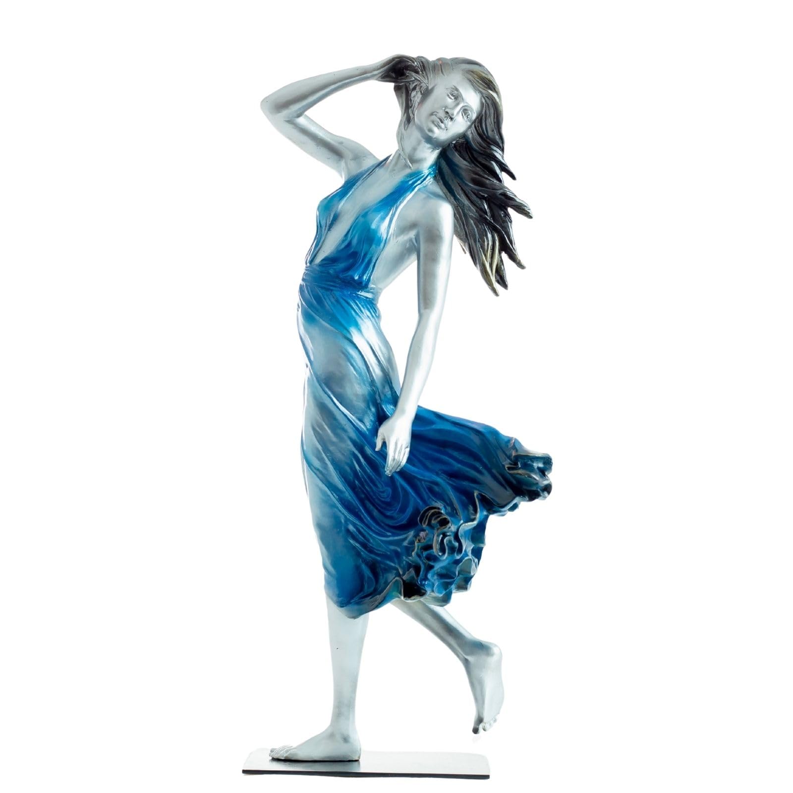 Neoclassical lost wax bronze wind dancer woman statue blue flowing dress full view