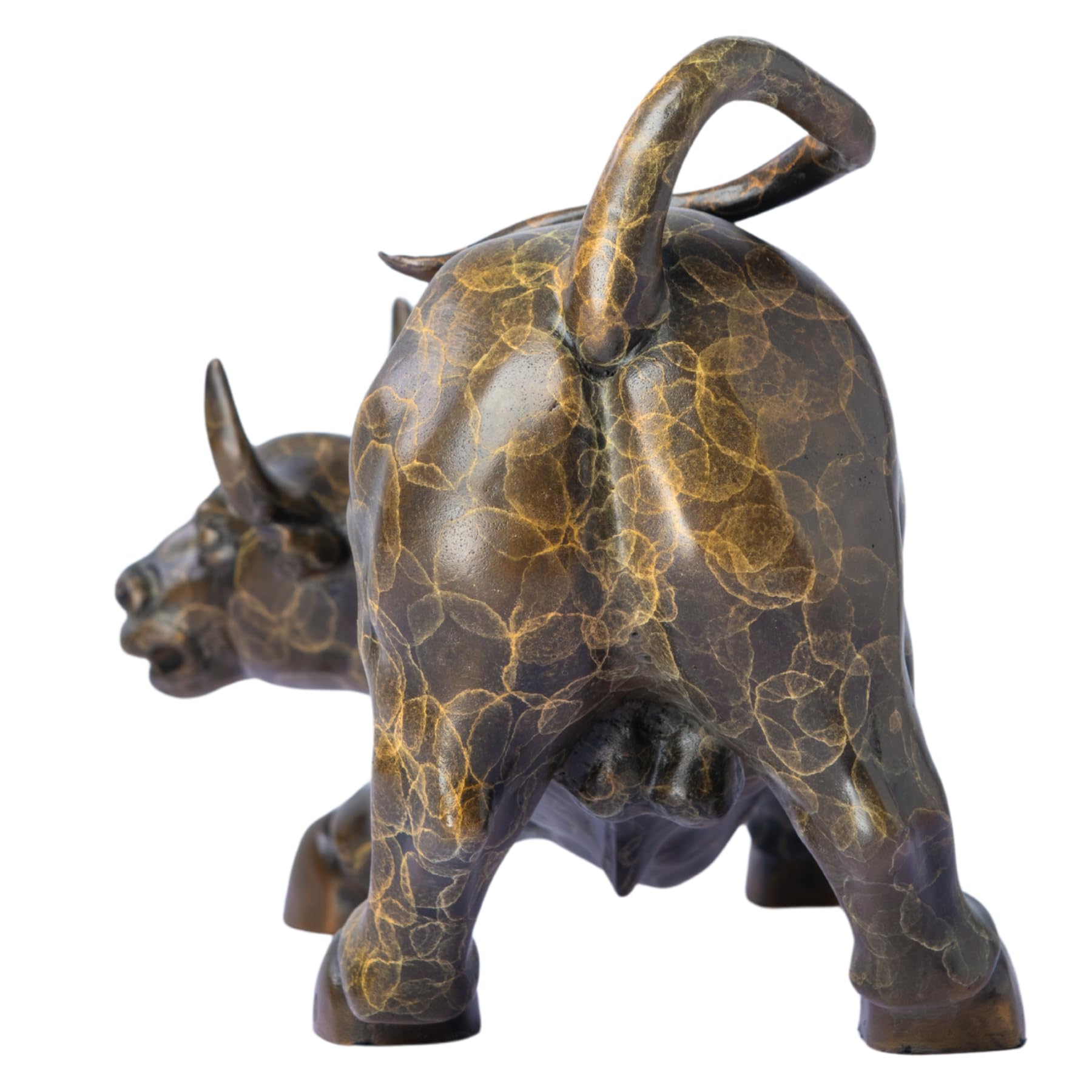 A macro, highly detailed close-up portrait shot of the unique artistic patterned patina on a solid bronze Wall Street charging bull statue, highlighting the intricate gold and brown mottled texture and lost-wax casting details.