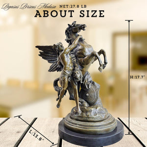 Perseus and Pegasus bronze statue size chart showing 17.7-inch height and 37.8lbs weight