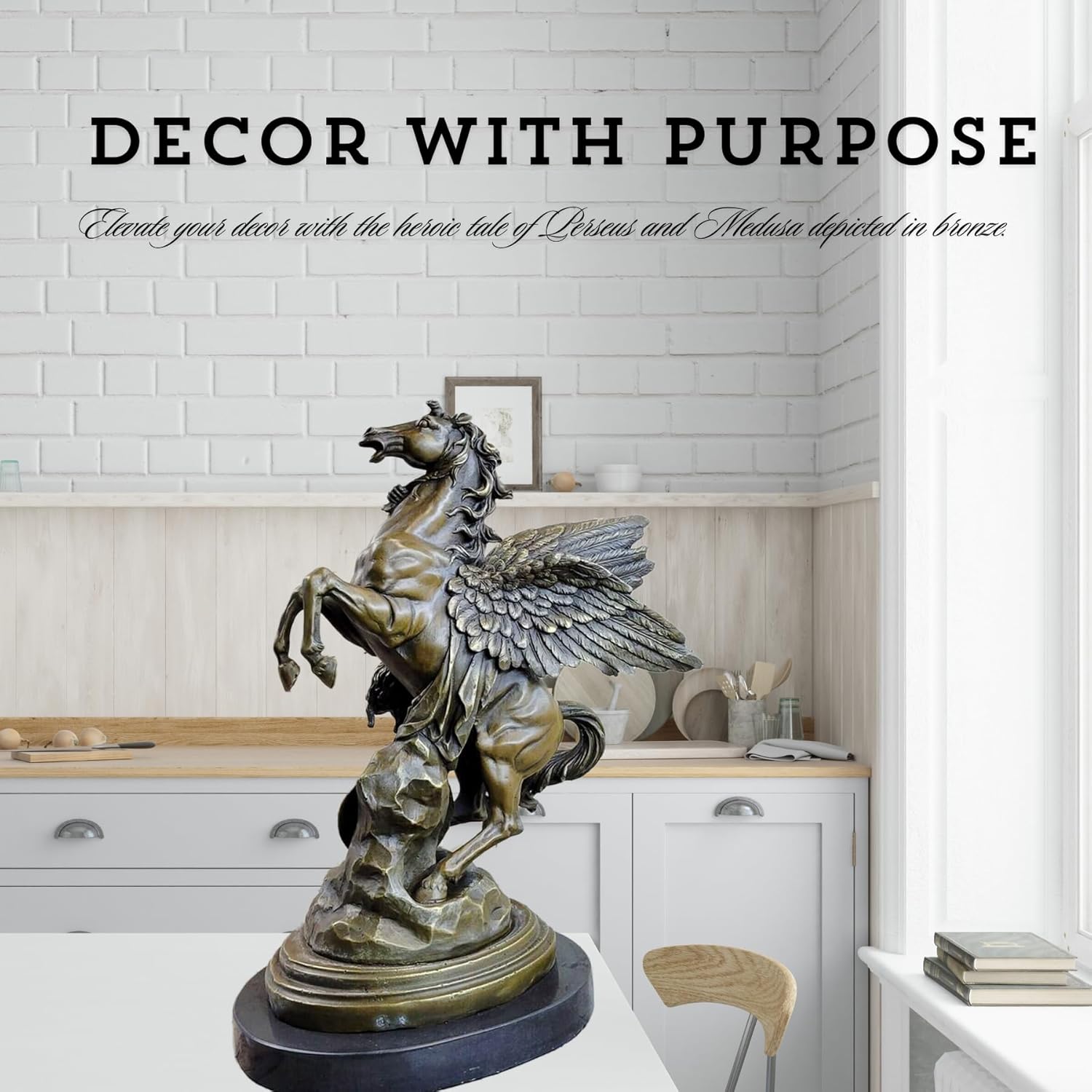 Perseus Pegasus mythological bronze sculpture displayed as purposeful luxury home décor