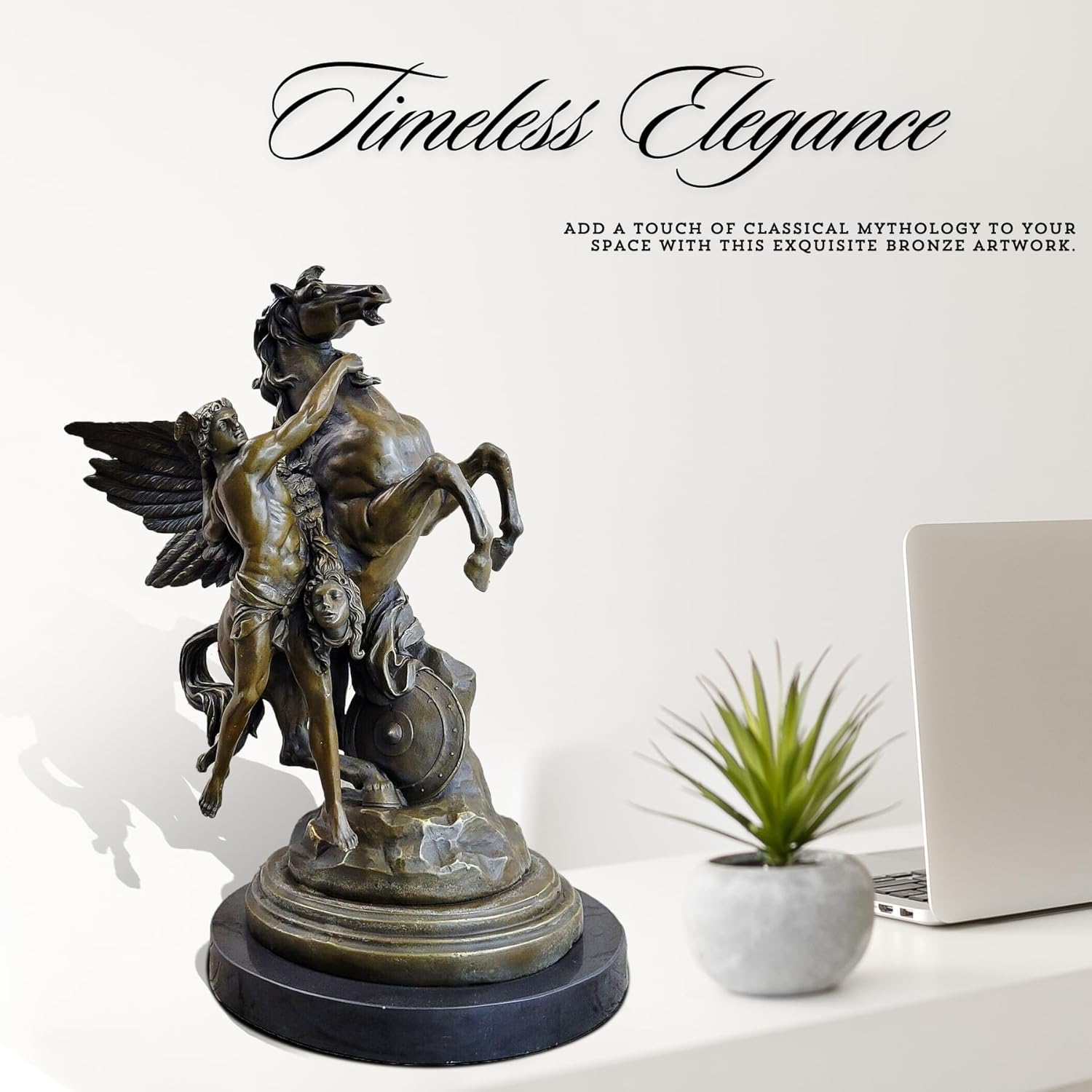 Timeless elegance of Perseus and Pegasus Picault bronze sculpture on white desk setting