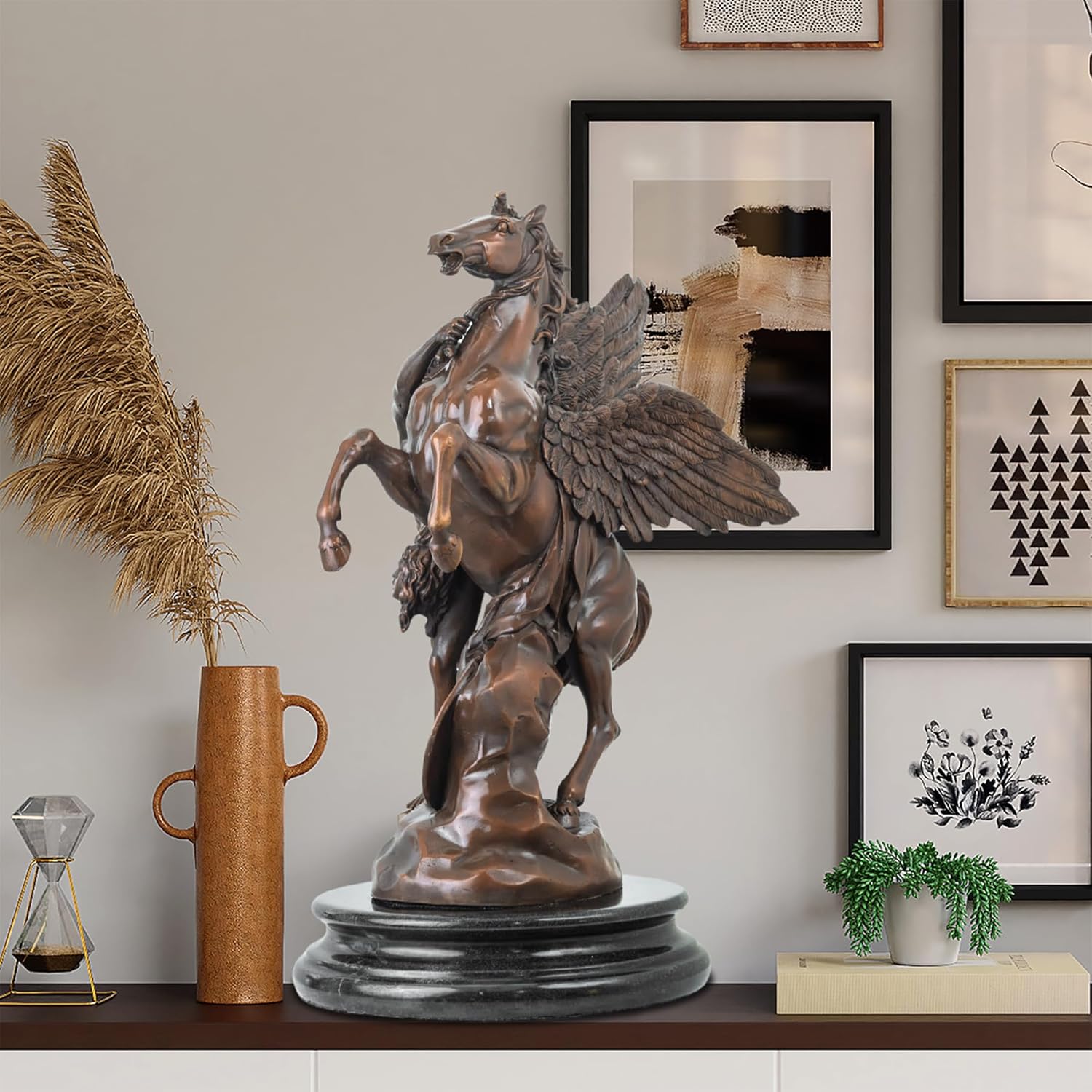Perseus and Pegasus bronze mythology sculpture displayed in modern home office interior