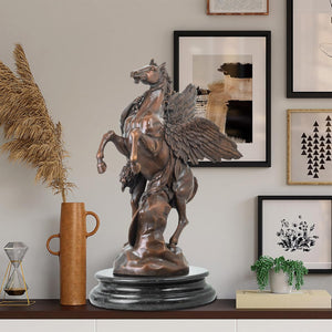Perseus and Pegasus bronze mythology sculpture displayed in modern home office interior