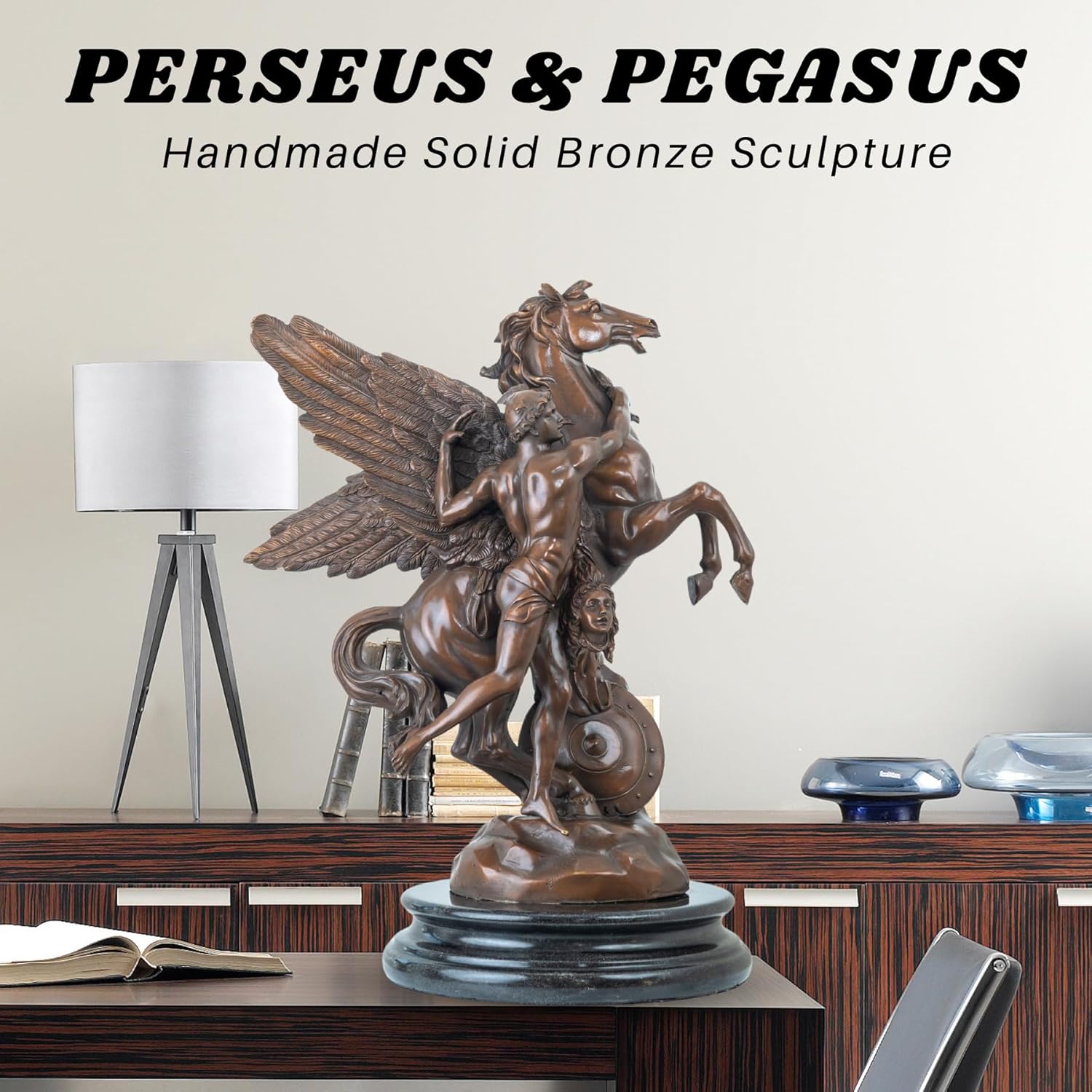 Perseus and Pegasus handmade lost-wax bronze mythology sculpture displayed as museum art