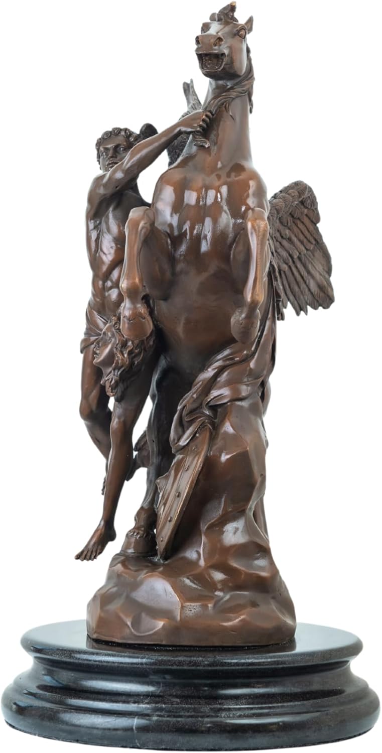 Rear angle view of Perseus with Medusa head and Pegasus classical bronze mythology figurine