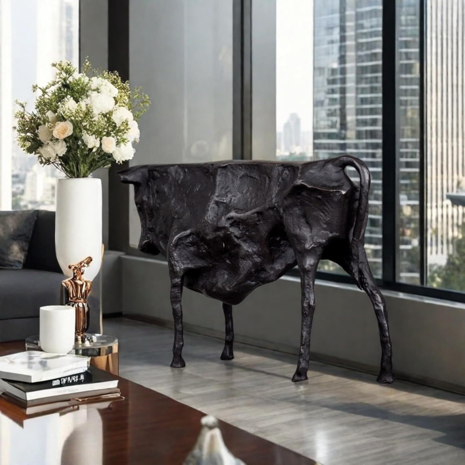 Black bull sculpture styled on a modern red office desk.