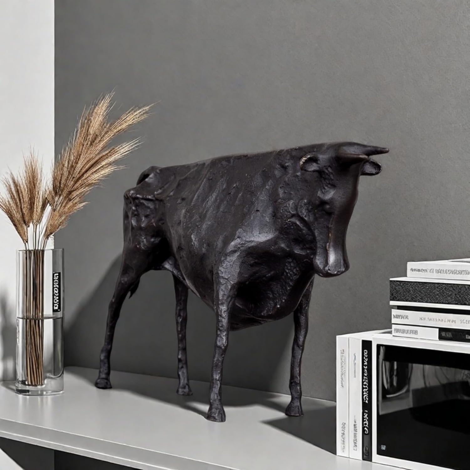 Side profile of the minimalist black bronze bull figurine.
